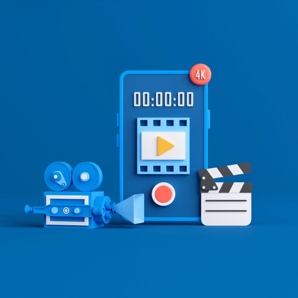 Ilustración 3D de una cámara de video, un celular con botón de grabación y un clapper de cine sobre fondo azul, representando producción de contenido audiovisual en alta resolución.
